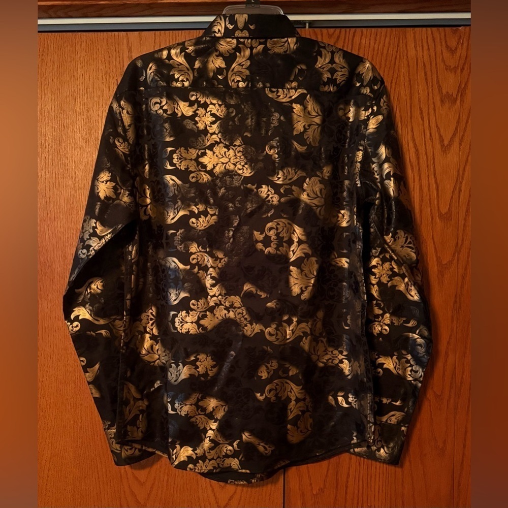 Pavini Mens Size Medium Button Up Casual Dress Shirt Black And Golden Paisley - Picture 8 of 13